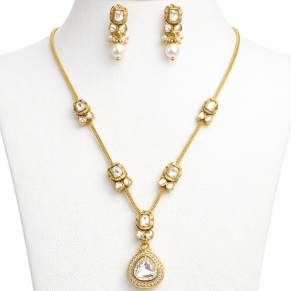 Modern Teardrop Pendant Necklace Set - Contemporary Gold Plated Jewelry - Riwaaj