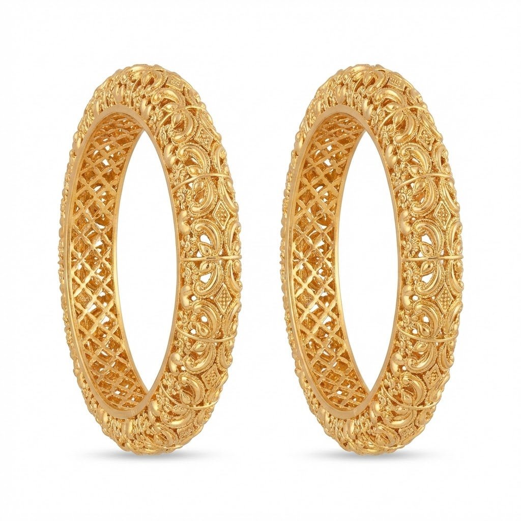 Gold Plated Hand - Carved Openable Bangle Set - 2 Piece - Riwaaj