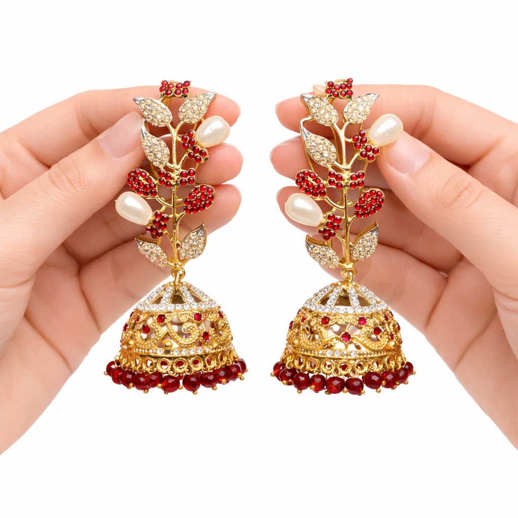 22K Gold Zirconia Statement Stud Earrings | Handmade Ethnic Bridal Jewellery