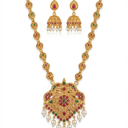 Royal Long Chain Necklace Set with Jhumka Earrings - Filigree Antique Gold