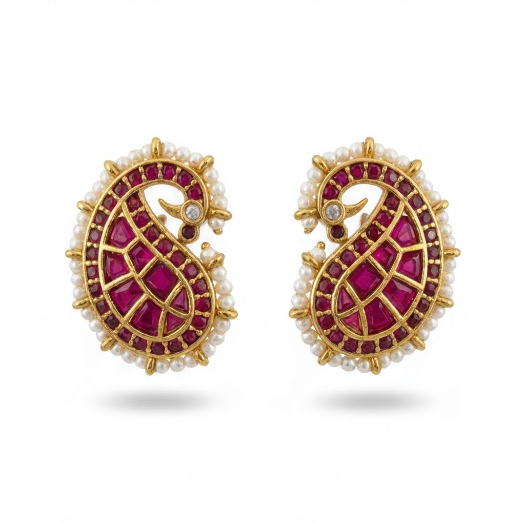 Gold Plated Paisley Drop Earrings with Ruby Pink Stones & Pearls