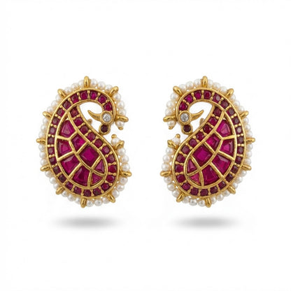 Gold Plated Paisley Drop Earrings with Ruby Pink Stones & Pearls