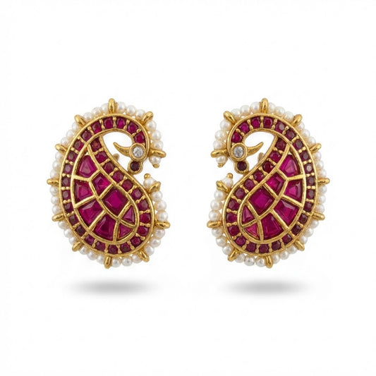 Gold Plated Paisley Drop Earrings with Ruby Pink Stones & Pearls