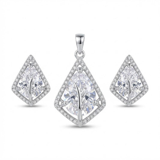 Silver Plated Leaf Teardrop Jewelry Set - Pendant & Earrings