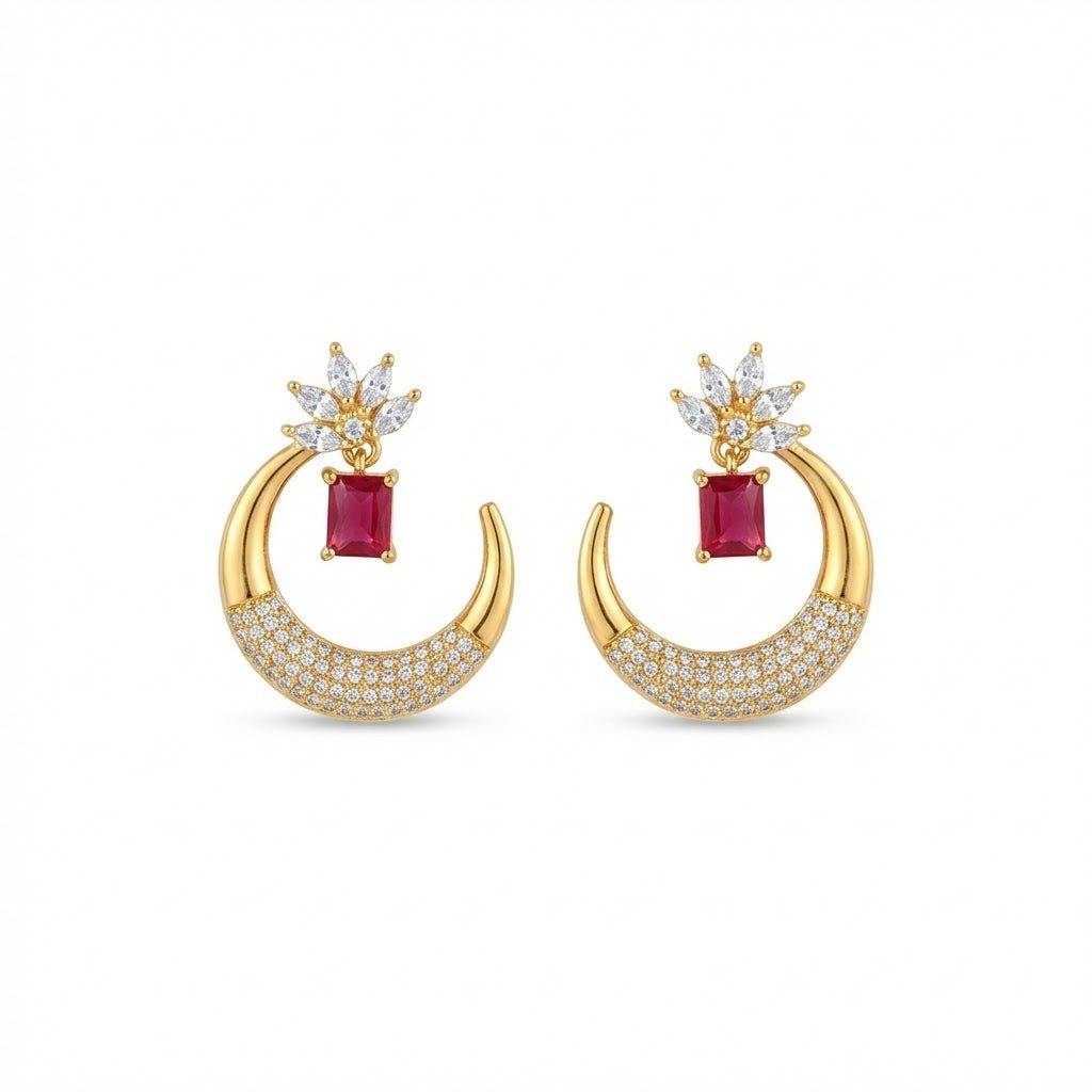 Gold Plated Crescent Lotus Drop Earrings with Zirconia Stones - Riwaaj
