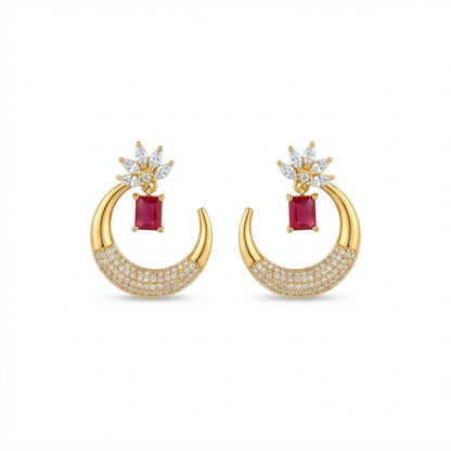 Gold Plated Crescent Lotus Drop Earrings with Zirconia Stones - Riwaaj