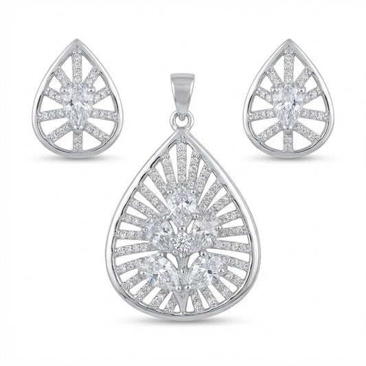 Silver Plated Teardrop Pendant & Earring Set with Zirconia Stones