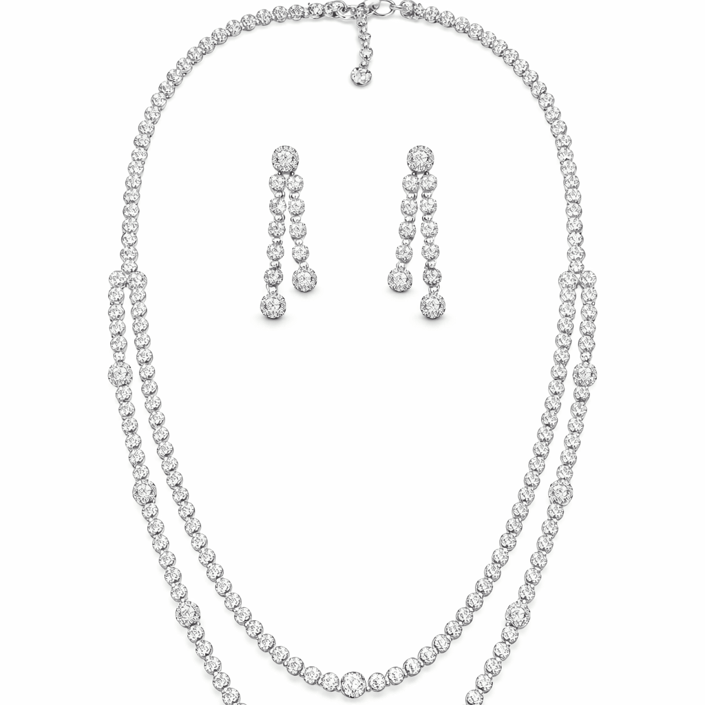 Crystal Glitz Multi - Strand Necklace Set - Silver Plated Luxury Jewelry - Riwaaj
