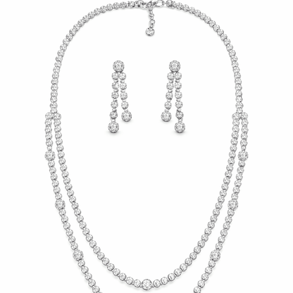 Crystal Glitz Multi - Strand Necklace Set - Silver Plated Luxury Jewelry - Riwaaj