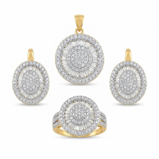 Gold & Silver Plated Oval Halo Jewelry Set - Pendant, Ring & Earrings