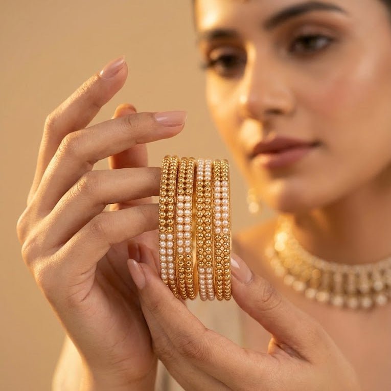 Gold Plated Pearl Bangle Set - 4 Piece with Beaded Design - Riwaaj