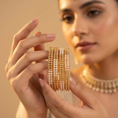 Gold Plated Pearl Bangle Set - 4 Piece with Beaded Design - Riwaaj