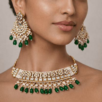 Mehtab Mirror - Work Kundan Jewelry Set - 4 Piece Gold Plated - Riwaaj