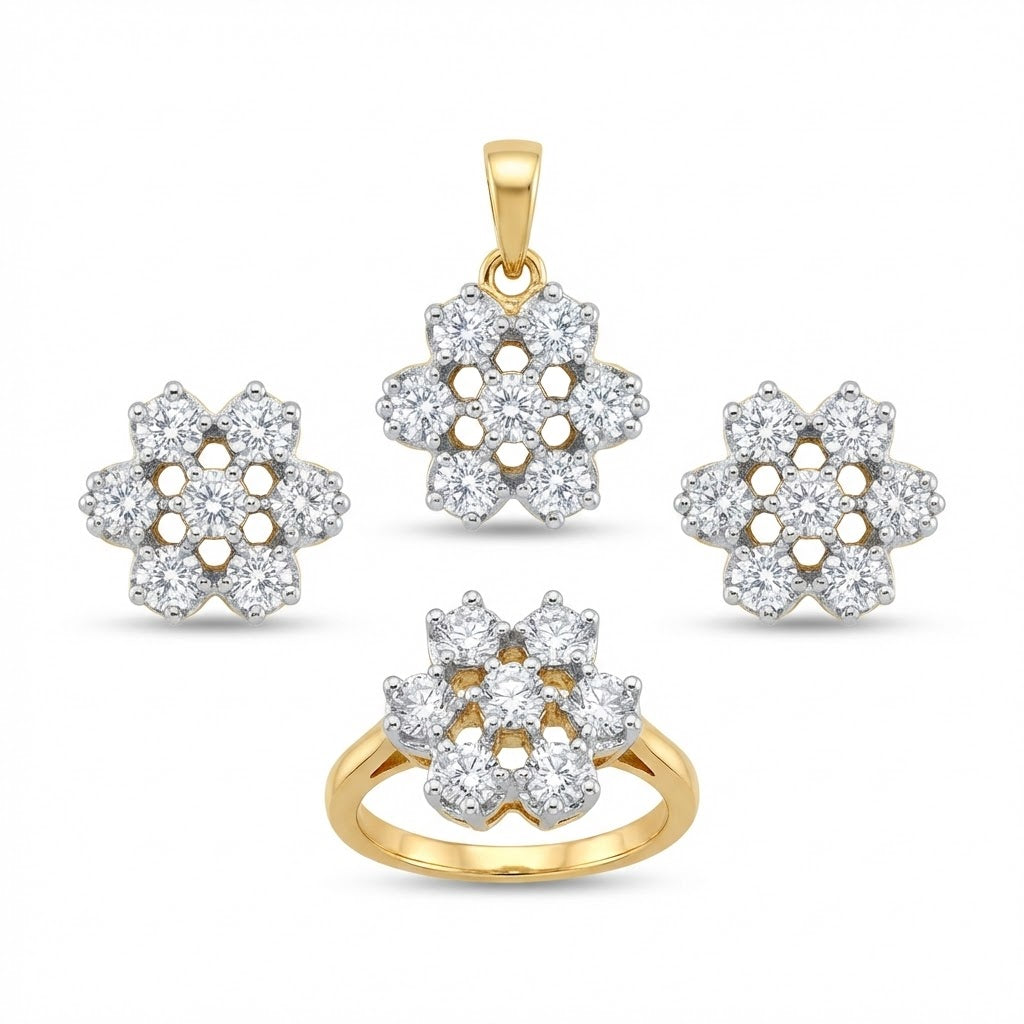 Dual Tone Floral Jewelry Set with Zirconia Stones - 3 Piece