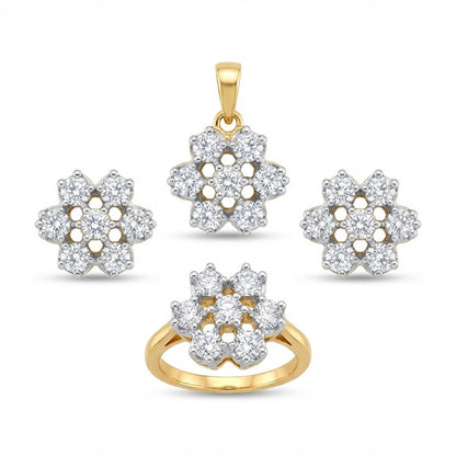 Dual Tone Floral Jewelry Set with Zirconia Stones - 3 Piece