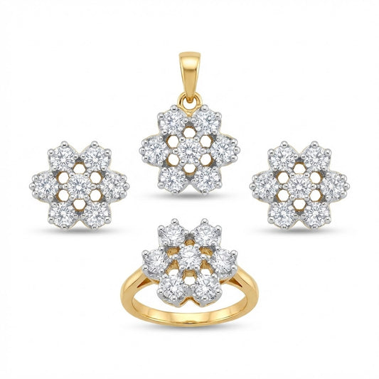 Dual Tone Floral Jewelry Set with Zirconia Stones - 3 Piece