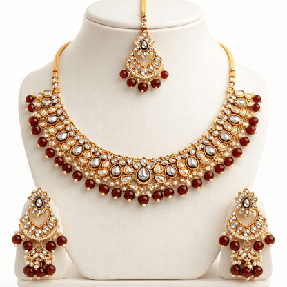 Moonlight Mirror - Work Kundan Set with Chandbali Earrings - 3 Piece Gold Plated - Riwaaj