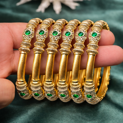 Heritage Pillar Choori Bangle Set – 22K Gold Plated | Set of 6 | Ruby, Green & Champagne |