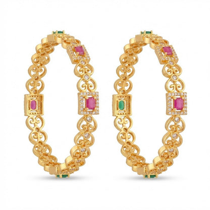 Gold Plated Filigree Bangle Set - 2 Piece with Ruby & Emerald Stones - Riwaaj