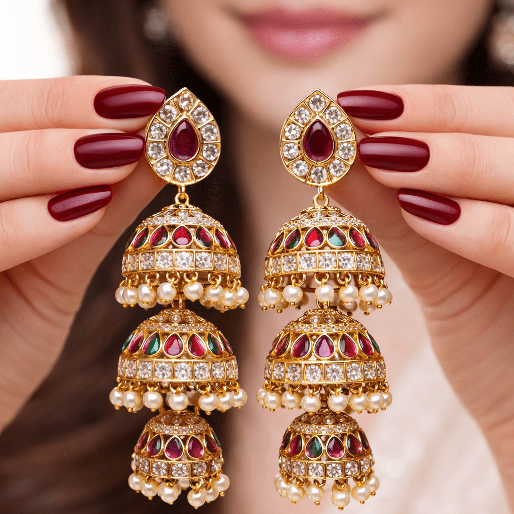 Heritage Three - Bell Jhumka Earrings – Gold Kundan, Emerald & Ruby - Riwaaj