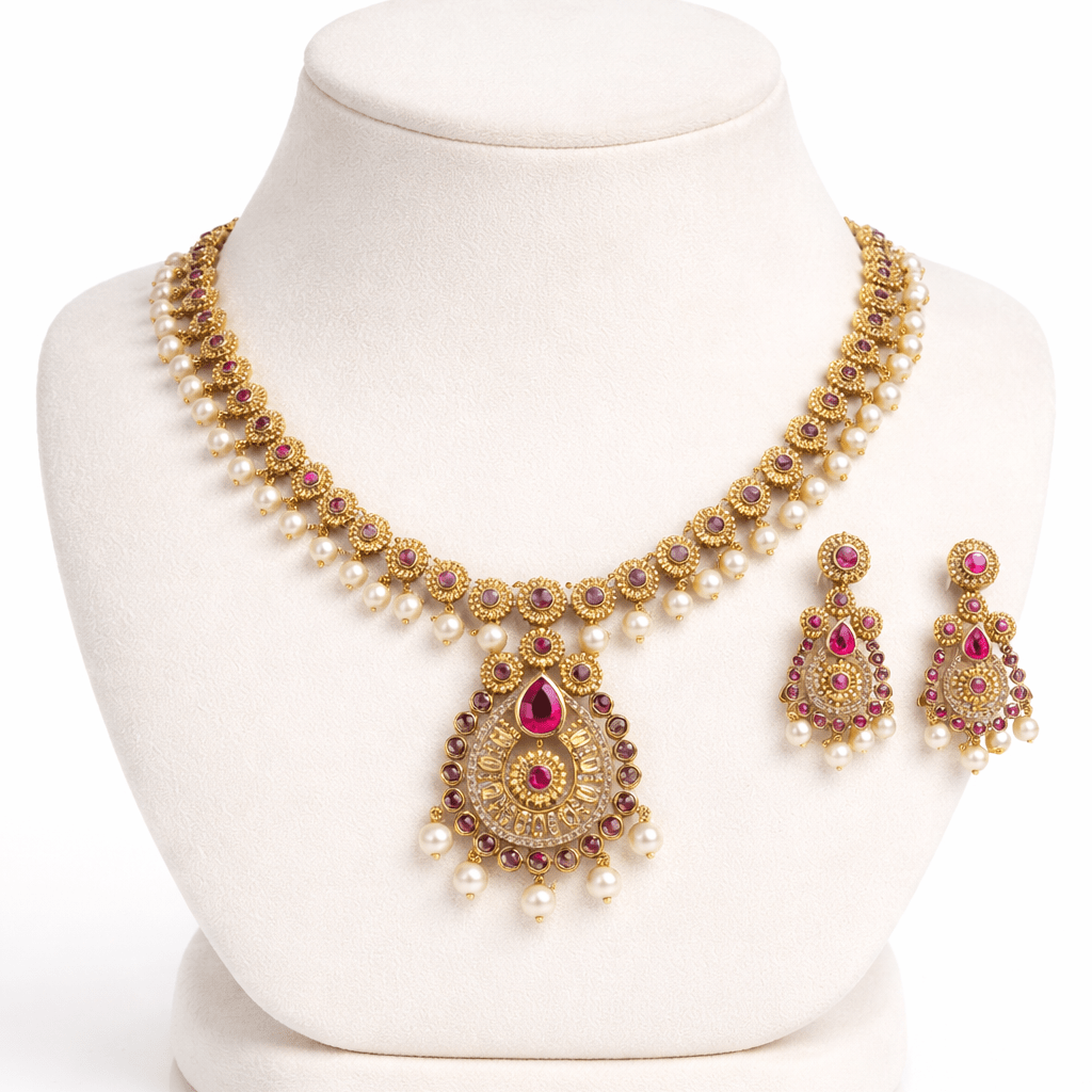 Heritage Crescent Moon Long Chain Necklace Set with Pearl Drops - Gold Plated - Riwaaj