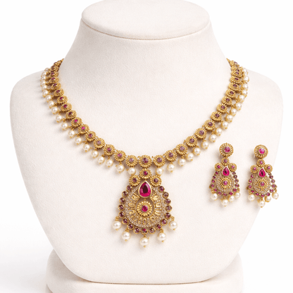 Heritage Crescent Moon Long Chain Necklace Set with Pearl Drops - Gold Plated - Riwaaj