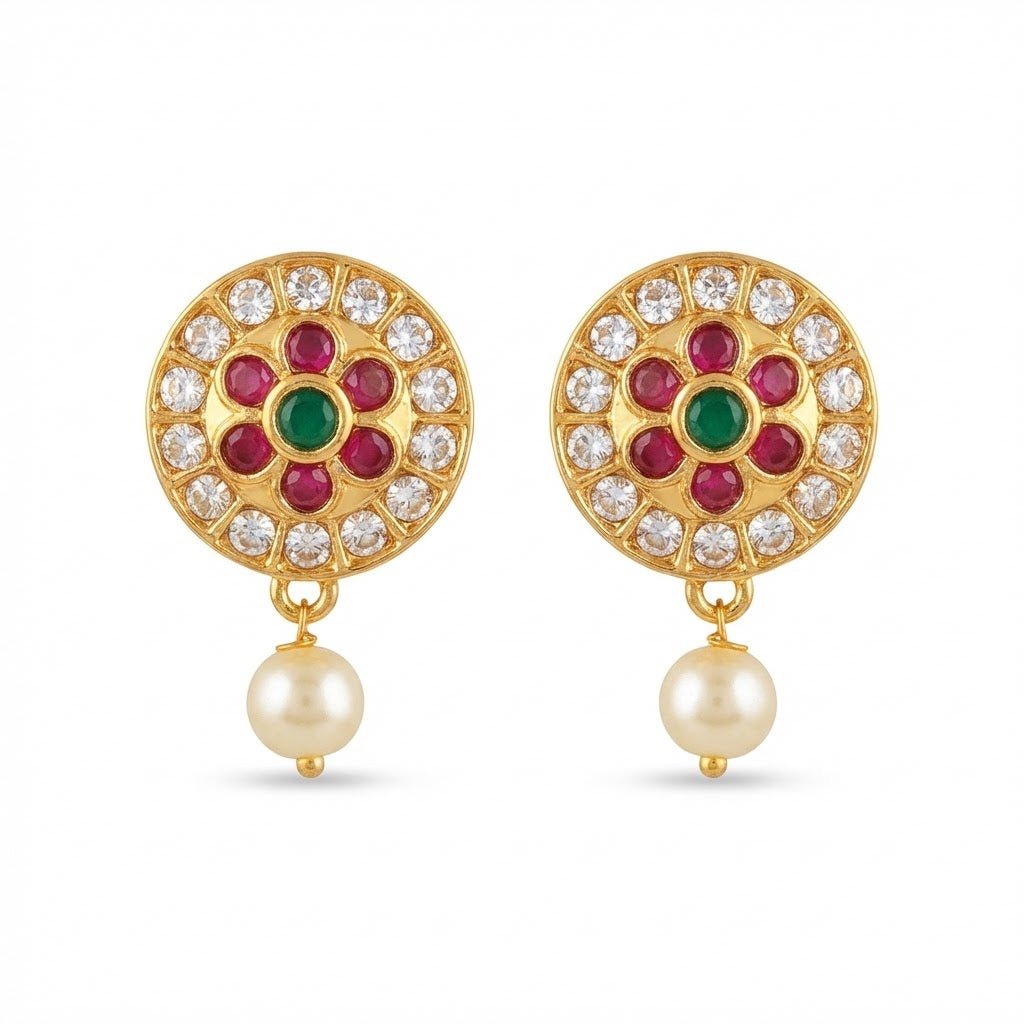 Gold Plated Floral Pearl Drop Earrings with Emerald & Ruby Stones - Riwaaj