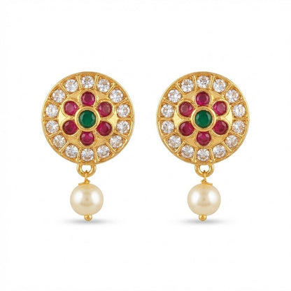 Gold Plated Floral Pearl Drop Earrings with Emerald & Ruby Stones - Riwaaj