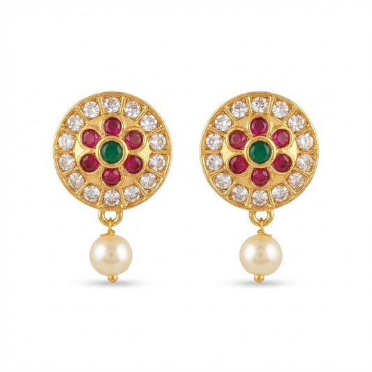 Gold Plated Floral Pearl Drop Earrings with Emerald & Ruby Stones - Riwaaj