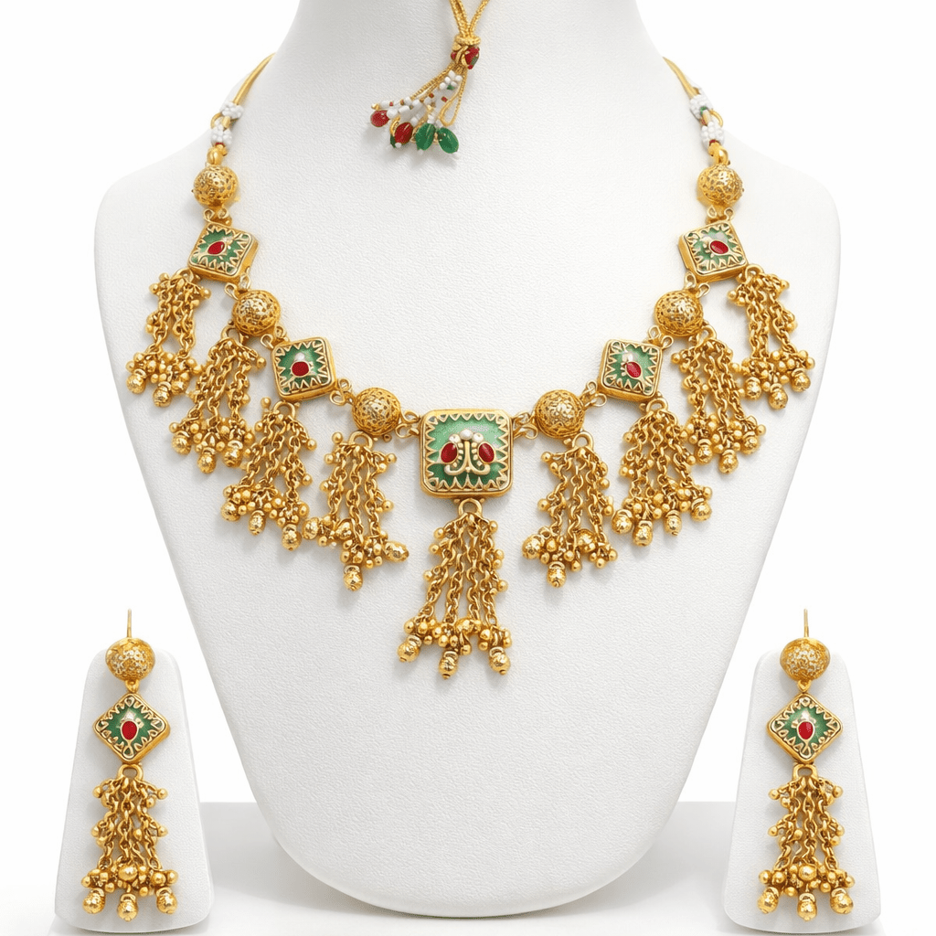 Luminous Meenakari Enamel Jewelry Set with Tassel Earrings - Gold Plated - Riwaaj