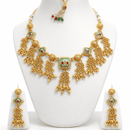 Luminous Meenakari Enamel Jewelry Set with Tassel Earrings - Gold Plated - Riwaaj
