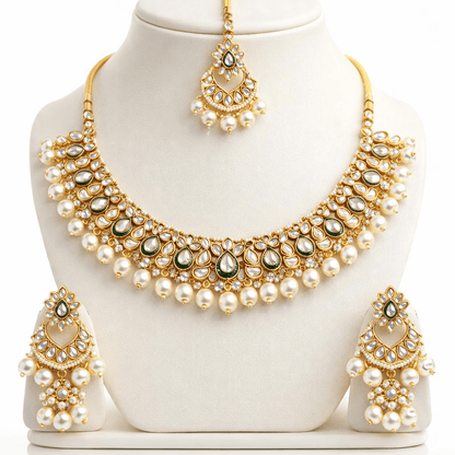 Moonlight Mirror - Work Kundan Set with Chandbali Earrings - 3 Piece Gold Plated - Riwaaj