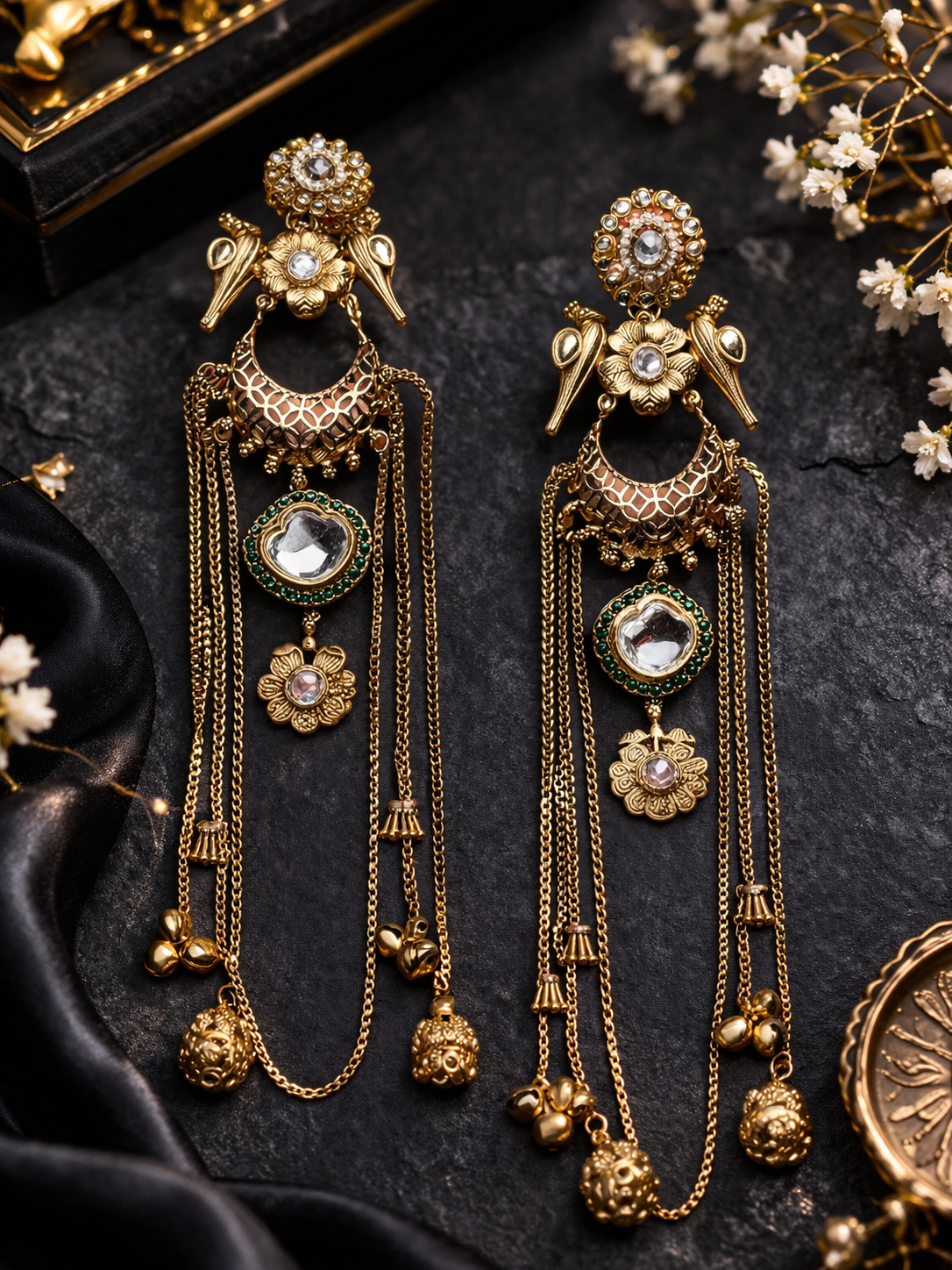 Kashmiri Tassel Earrings – 22K Gold Long Statement Drops with Mirror Stones