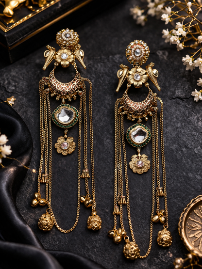 Kashmiri Tassel Earrings – 22K Gold Long Statement Drops with Mirror Stones