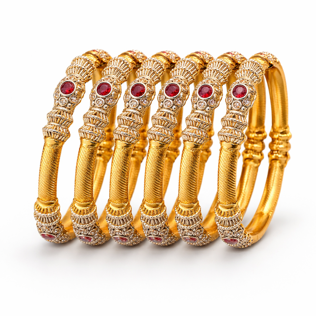 Heritage Pillar Choori Bangle Set – 22K Gold Plated | Set of 6 | Ruby, Green & Champagne |