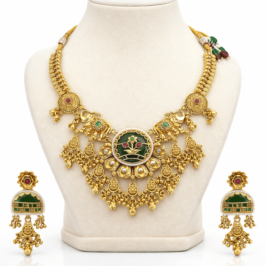 Divine Elephant Heritage Jewelry Set - Meenakari Antique Gold Plated - Riwaaj