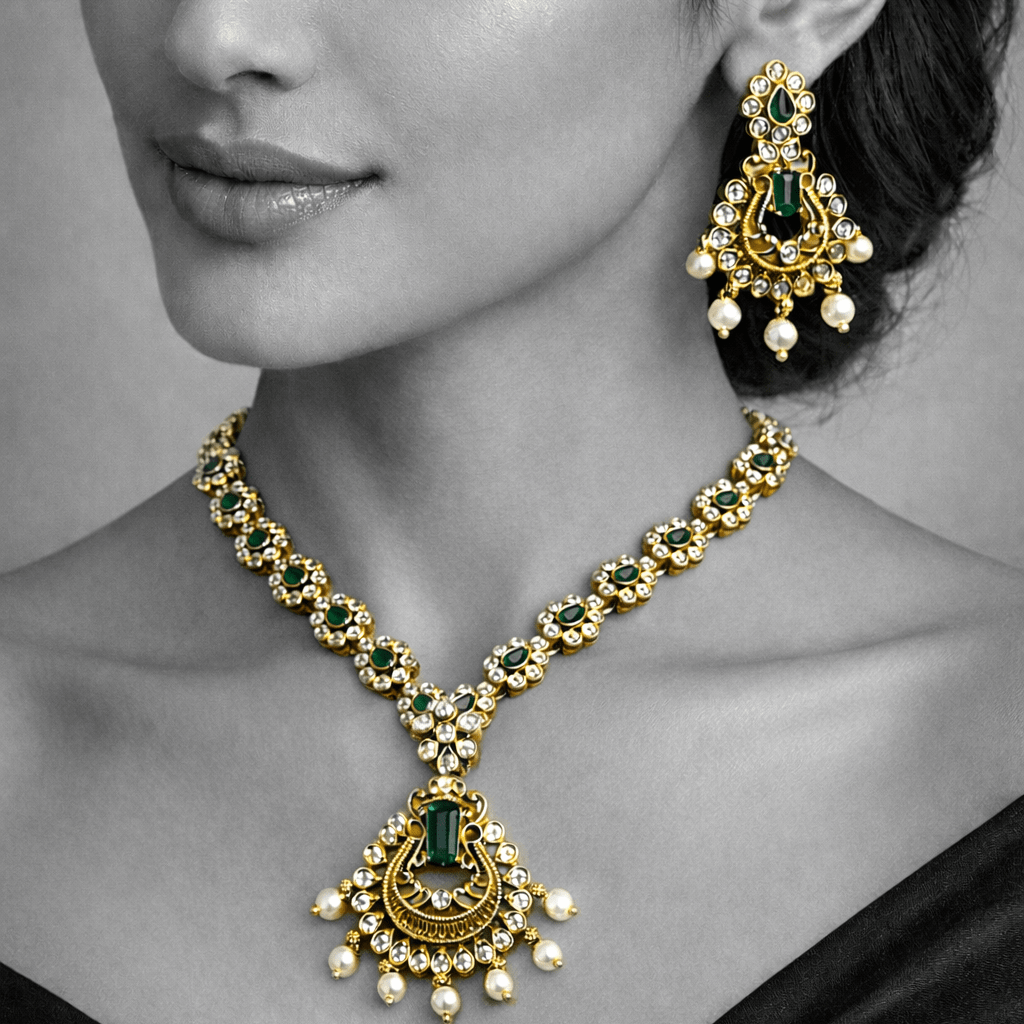 Star & Moon Floral Link Necklace Set - Gold Plated - Riwaaj