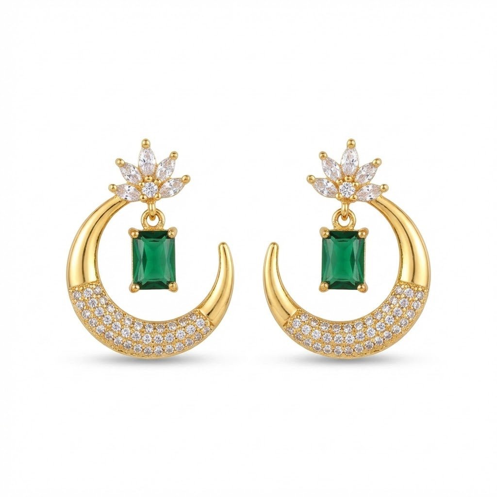 Gold Plated Crescent Lotus Drop Earrings with Zirconia Stones - Riwaaj