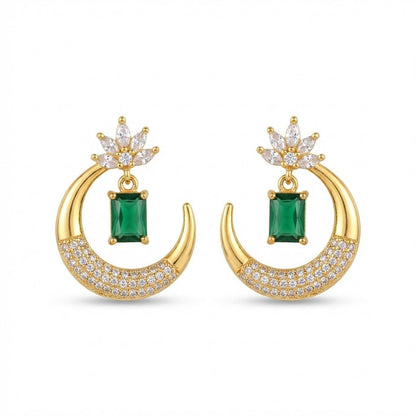 Gold Plated Crescent Lotus Drop Earrings with Zirconia Stones - Riwaaj