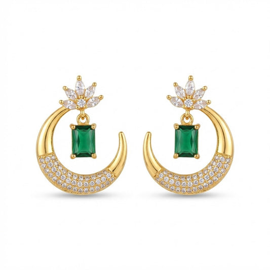 Gold Plated Crescent Lotus Drop Earrings with Zirconia Stones