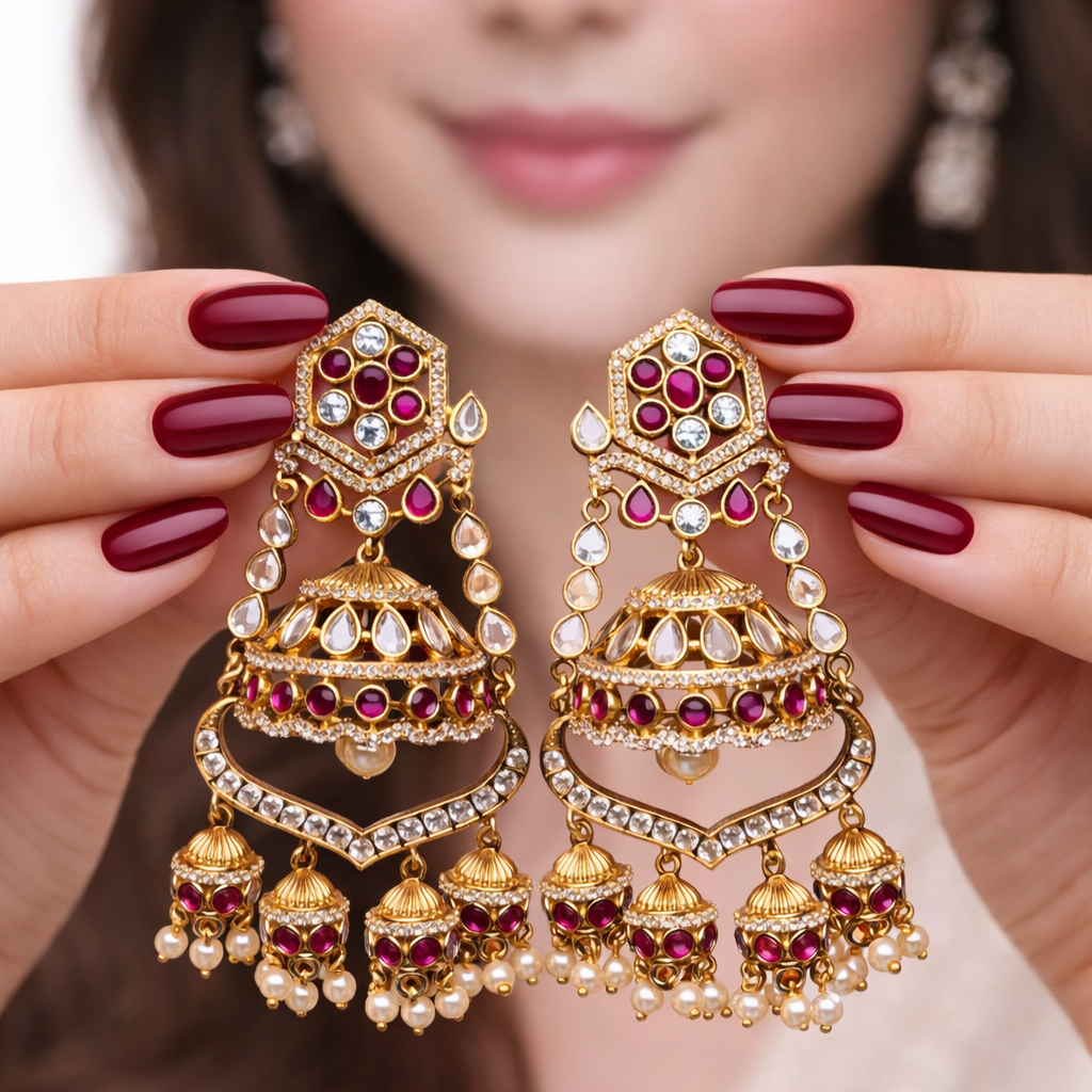 Majestic Chandbali Jhumka Earrings – Gold Kundan with Ruby & Emerald Drops