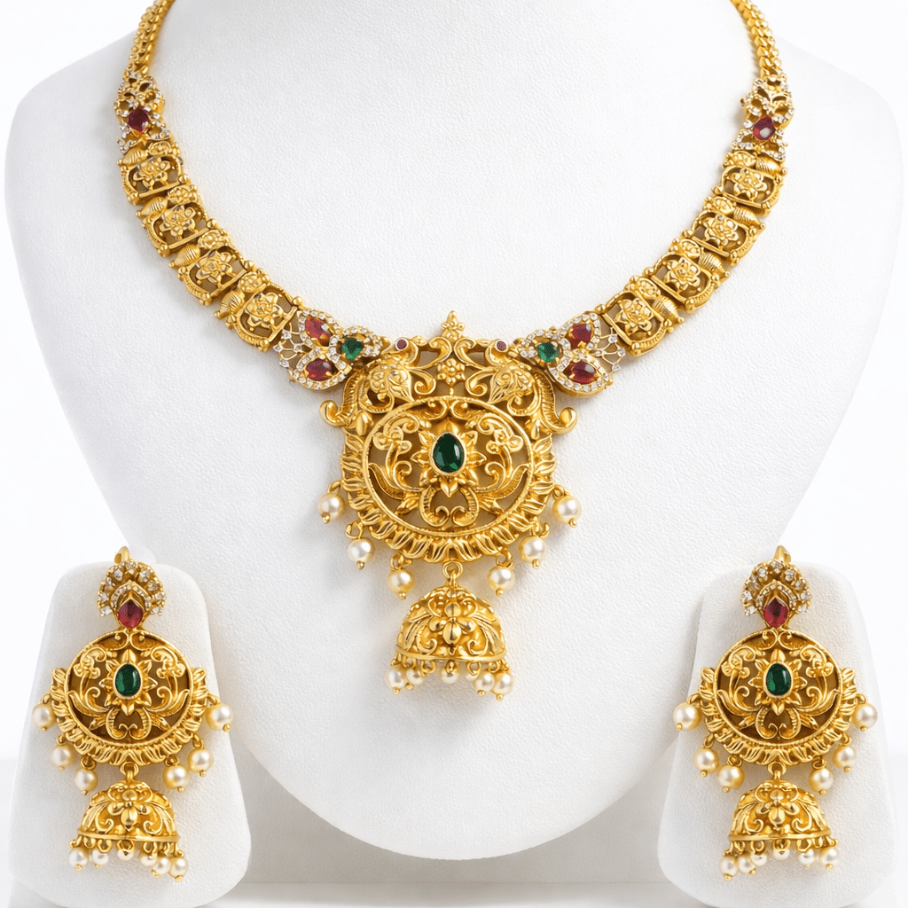 Royal Filigree Jewelry Set with Jhumka Earrings - Antique Gold Plated - Riwaaj