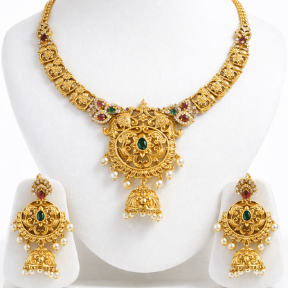 Royal Filigree Jewelry Set with Jhumka Earrings - Antique Gold Plated - Riwaaj