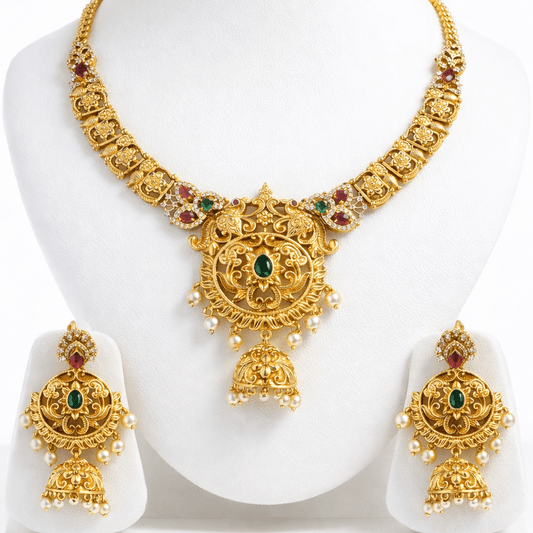 Royal Filigree Jewelry Set with Jhumka Earrings - Antique Gold Plated - Riwaaj
