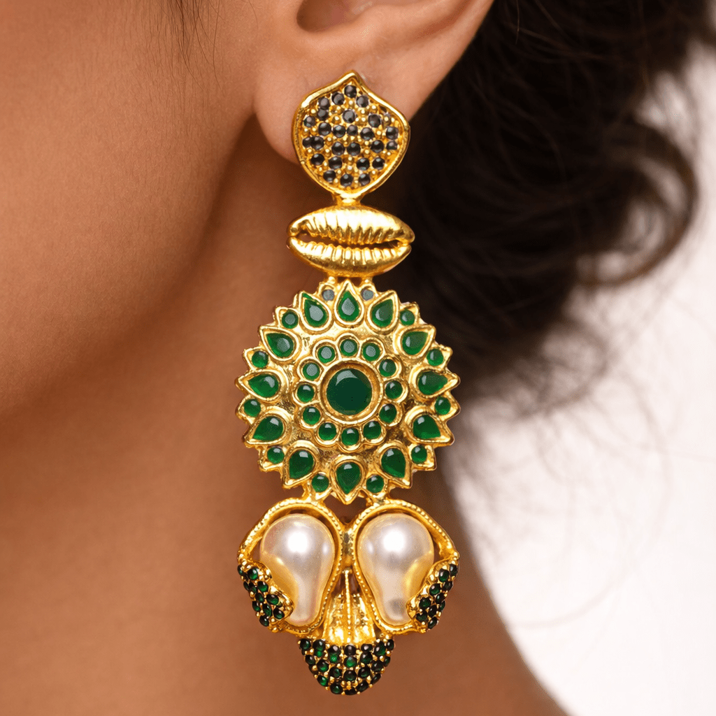 Sahiba Mandala Drop Earrings – 22K Gold Kundan with Pearl Drops - Riwaaj