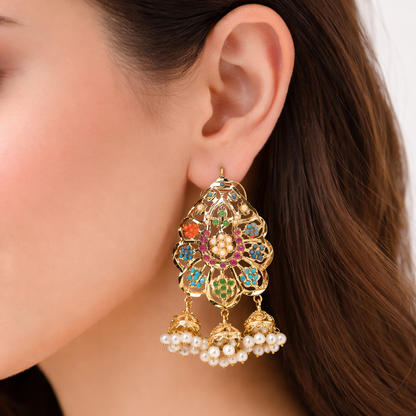Multi Navratan Jhumka Earrings - Gold Plated with Ruby & Emerald