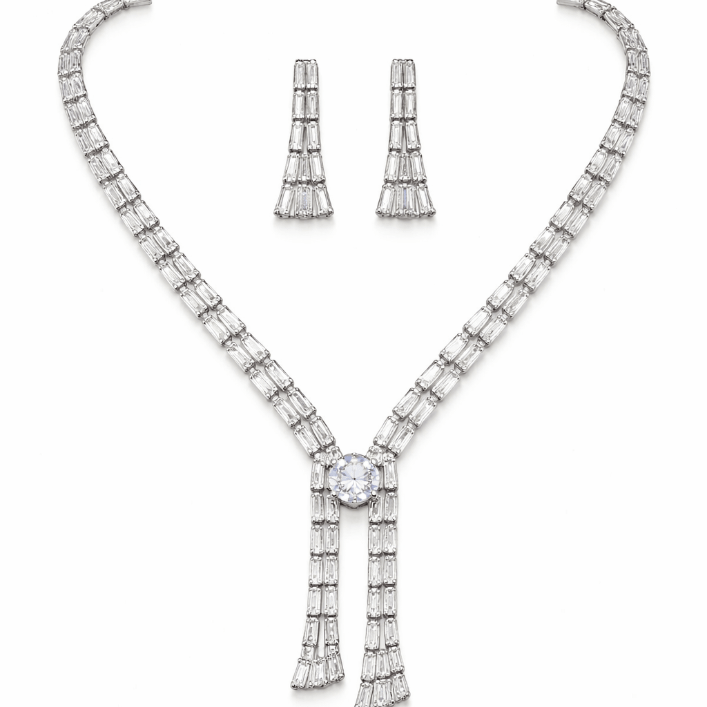Crystal Baguette Fringe Jewelry Set - Contemporary Gold or Silver Plated - Riwaaj