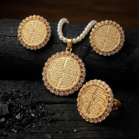 Char Qul Locket Set – 22K Gold Plated | 3-Piece Islamic Jewellery Set | Earrings, Pendant & Ring