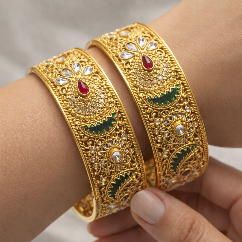 Mughal Filigree Openable Kara Pair – Gold Plated | Rosette & Stone