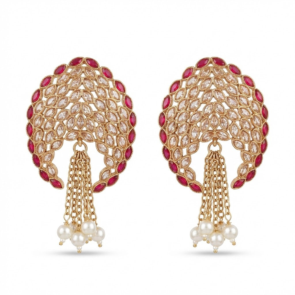 Gold Plated Statement Tassel Earrings with Pearls & Marquise Stones